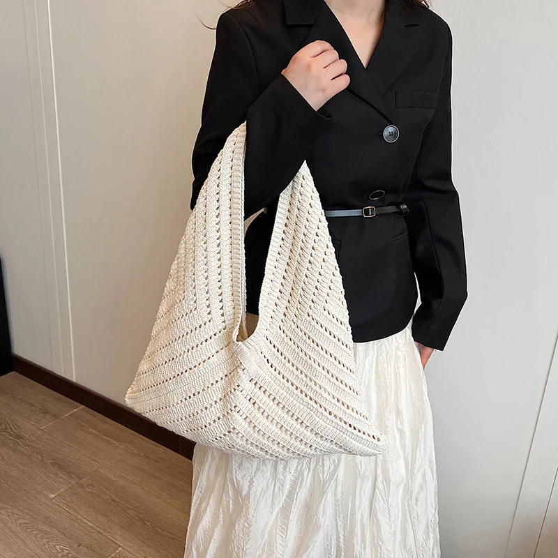 Shoulder Bag Brand Women Tote Knitting Handbag Triangle Design Woven Beach Bag Lightweight Elegant Portable Shoulder Bag Purse