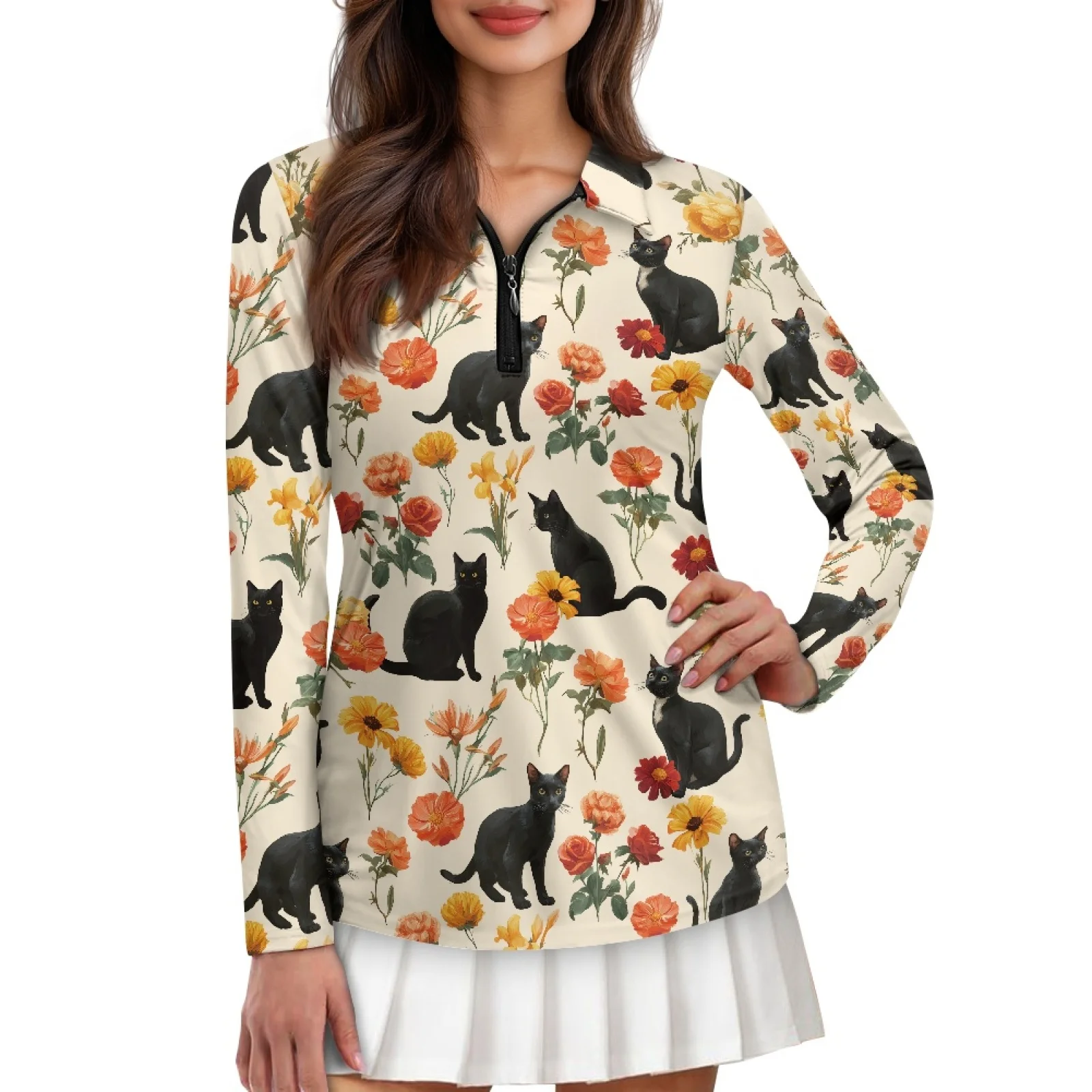 PENSTROLL Cat Floral Womens Machine Washable Golf Pullover Comfortable Activewear for Cycling