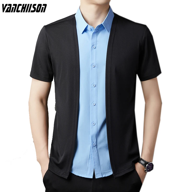 

Men Casual Shirt Tops for Summer Short Sleeve Contrast Patchwork Street Male Fashion Clothing 00758