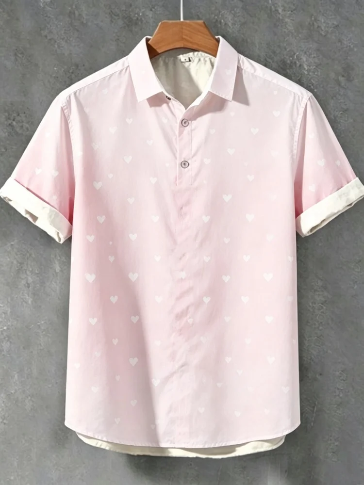 

Men's Loose Comfort 3-Button Short Sleeve Shirt, Light Pink All-Over White Heart Graphic Casual Top, Cute Romantic Style