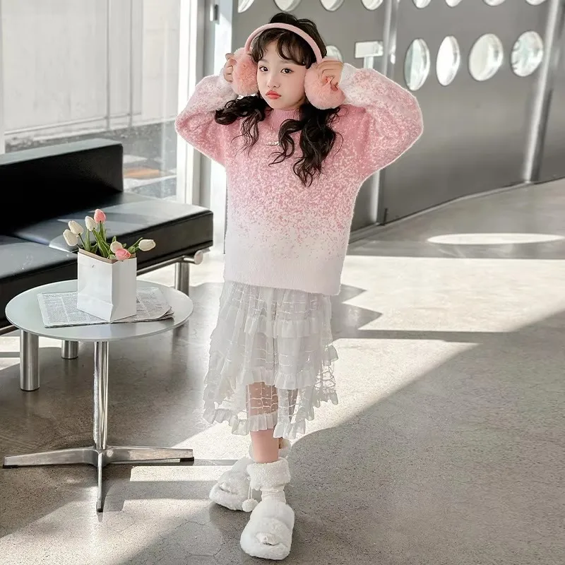 Candy Color Girl Starry Sky Sweater Child Knit Clothes Pullover Outerwear For Teenager Kids Pink Gradient Sweater Knitwear 5-14T