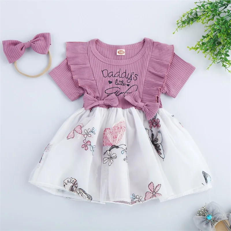 

BeQeuewll Newborn Girl Outfit, Short Sleeve Crew Neck Bow Flower A-line Romper Dress with Headband Clothes