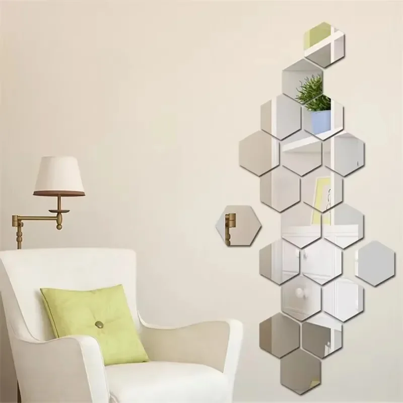 12-48pcs Hexagonal Acrylic Wall Sticker Mini Mirror Solid Paster Self-adhesive Gold Silver DIY Decal Home Bedroom Art Decoration