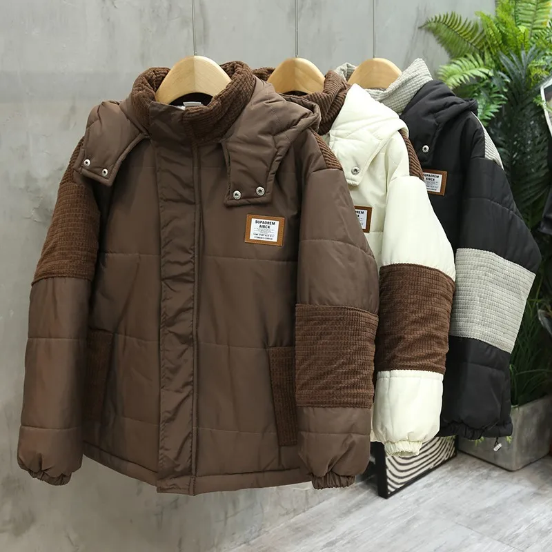 

Corduroy Men's Winter Jaet American Retro Loose Bread Sle Workwear Coat Hooded Casual Warm Thi Long Sve Coat
