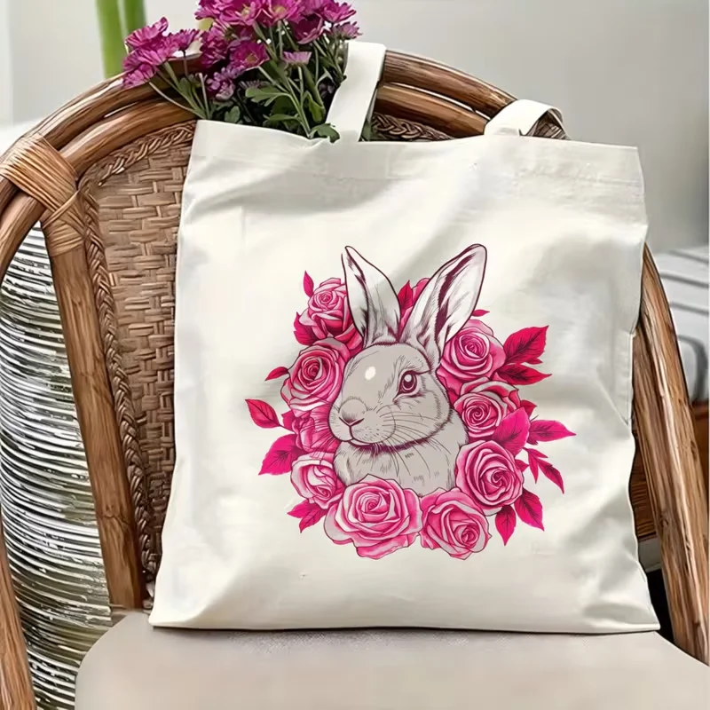 Watercolor Rabbit Head Orange Butterfly Print Canvas Tote Bag Reusable Shoulder Handbag Cute Animal Pattern Shopping Bag