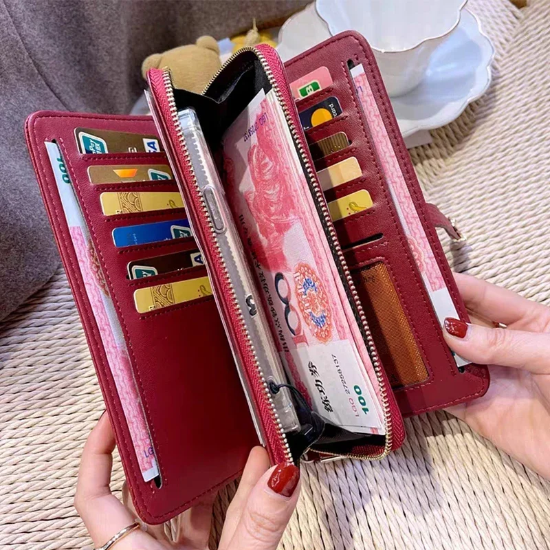 Lady Custom Name Elegant Luxury Long Wallet Large Capacity Versatile Card Holder Cowhide Phone Metal Button Fashion Clutch Purse