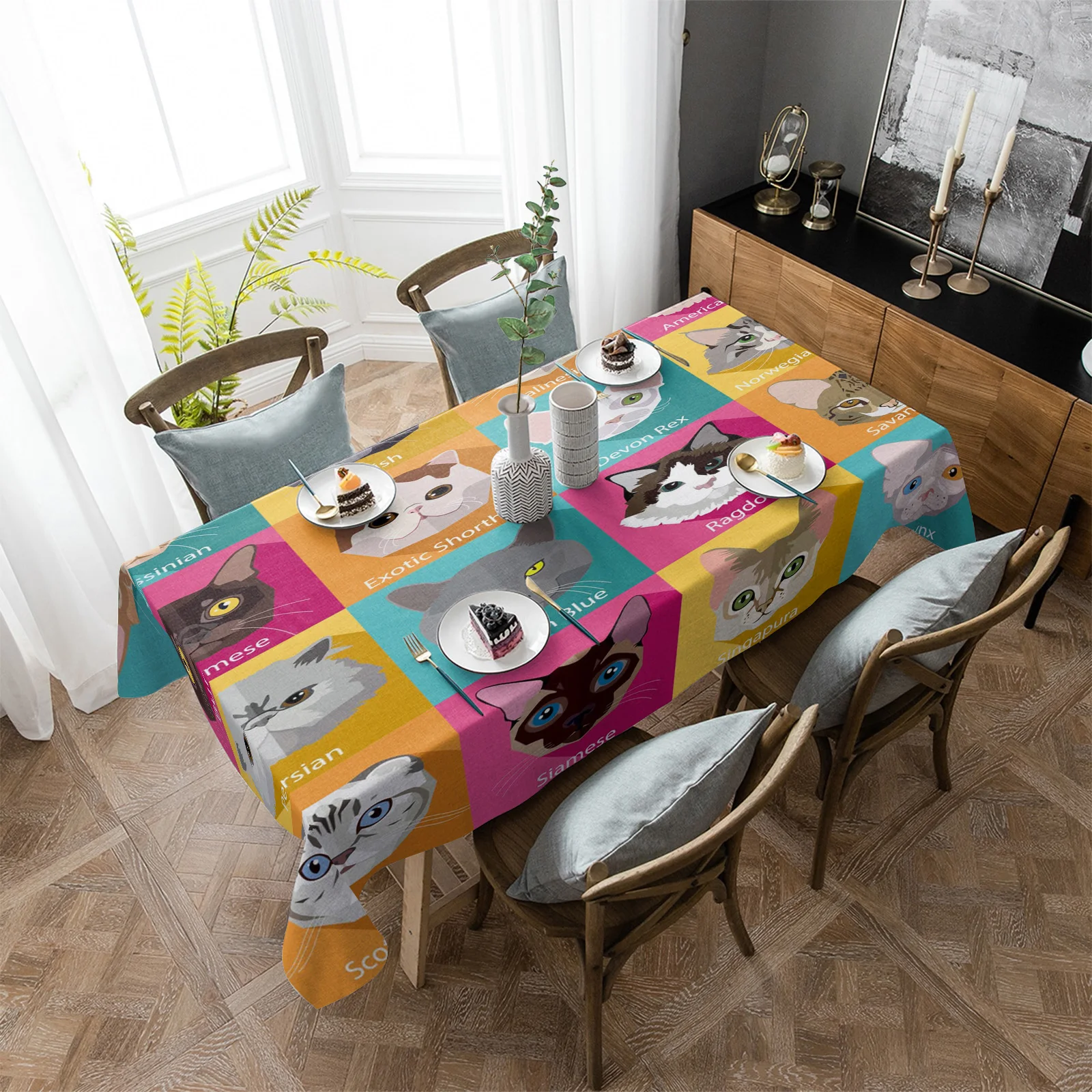 Animal Pet Cat Colorful Tablecloths for Dining Table Waterproof Rectangular Table Cover for Kitchen Living Room