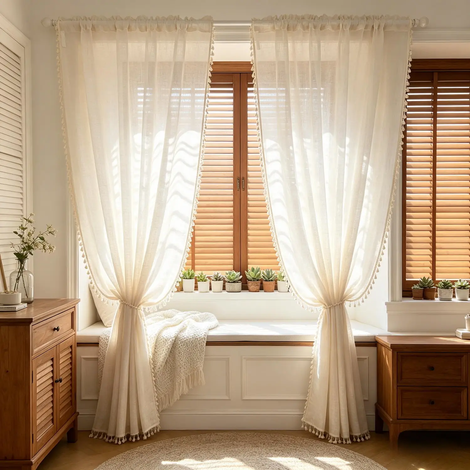 Rustic Faux Linen Textured Curtains with Tassel Trim, for Living Room, Bedroom, Boho Home Decor, Rod Pocket Curtains