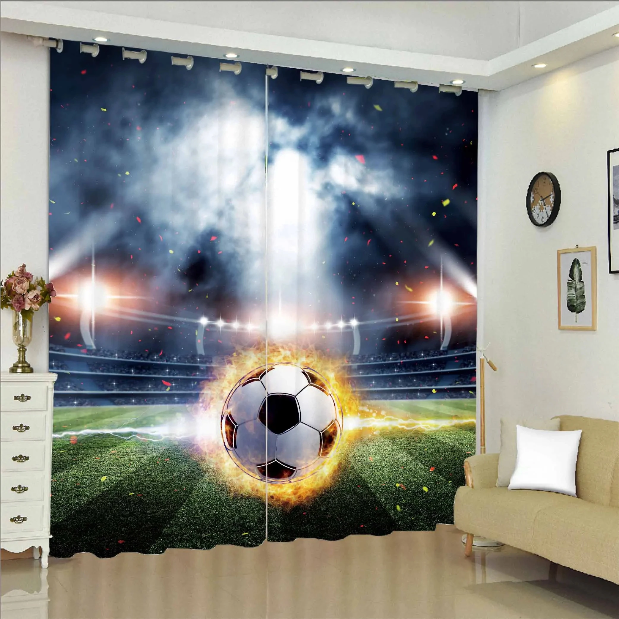 3D Modern Boys Teens Football Series Burning Soccer Ball Pattern Thin Shading 2Panels Curtain for Bedroom Living Room Home Decor