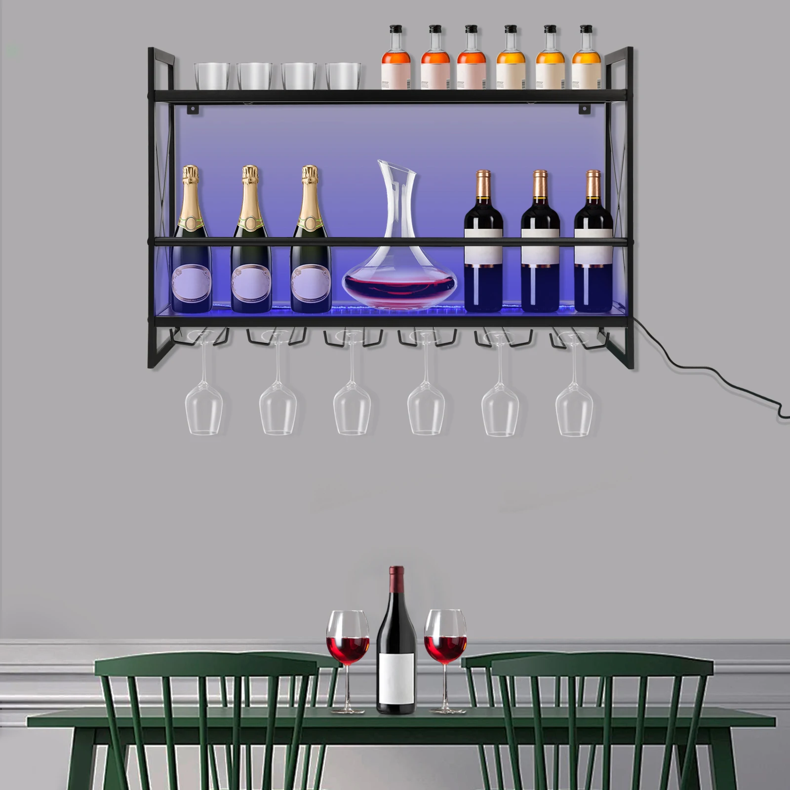 2-Tier LED Rustic Bottle Holder Glass Rack Remote Control and 6 Stem Wine Glass Holder 31.5in Industrial Metal Hanging Wine Rack