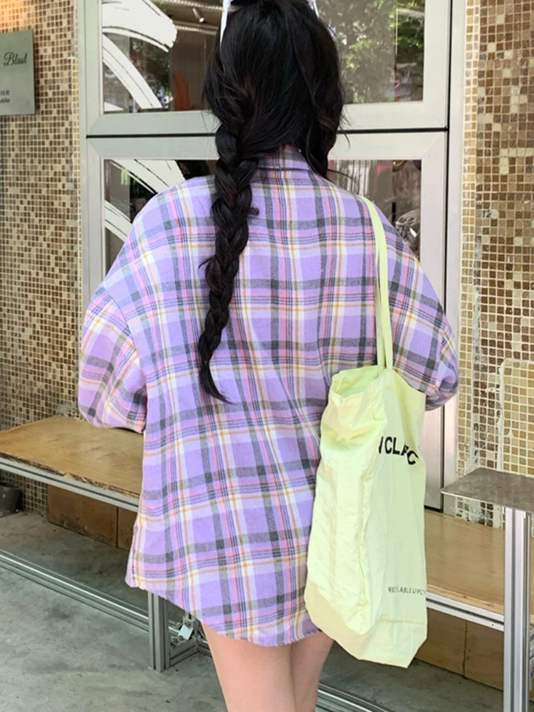 Klasyczne Retro fioletowe koszule w kratę damskie Oversize z długim rękawem koreańska bluzka Casual Vintage damska odzież uliczna luźne topy Camisas