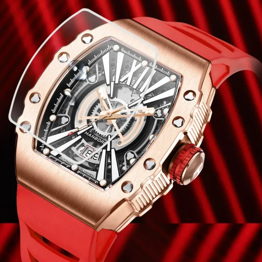 

HANBORO Мужские автоматические часы 50 мм Корпус Tonneau Механические наручные часы 50 м Водонепроницаемые светящиеся скелетонизированные циферблаты Miyota 8215