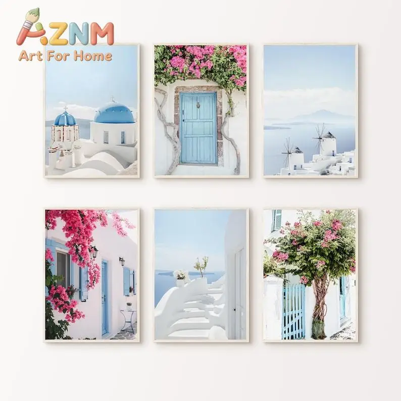 6pcs Greece Boho Santorini Gallery Canvas Wall Art Set, Frameless Mediterranean Coastal Wall Art Posters for Living Room Decor