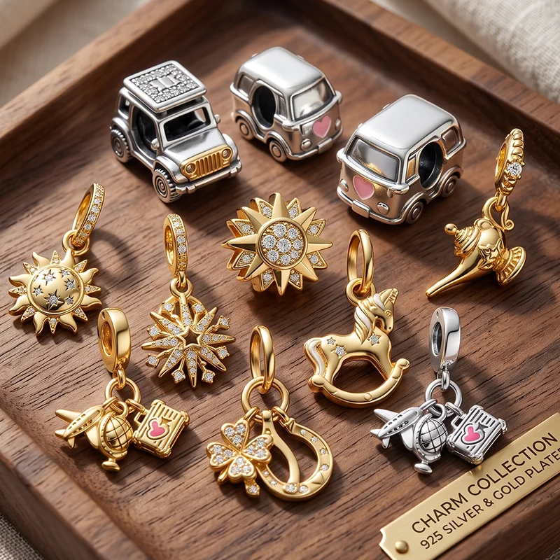 New Great Value Offer DIY Gold Sparkling Car Fower Airplane Series Charm Bead Pendant Fit Original Snake Bone Bangle JewelryGift
