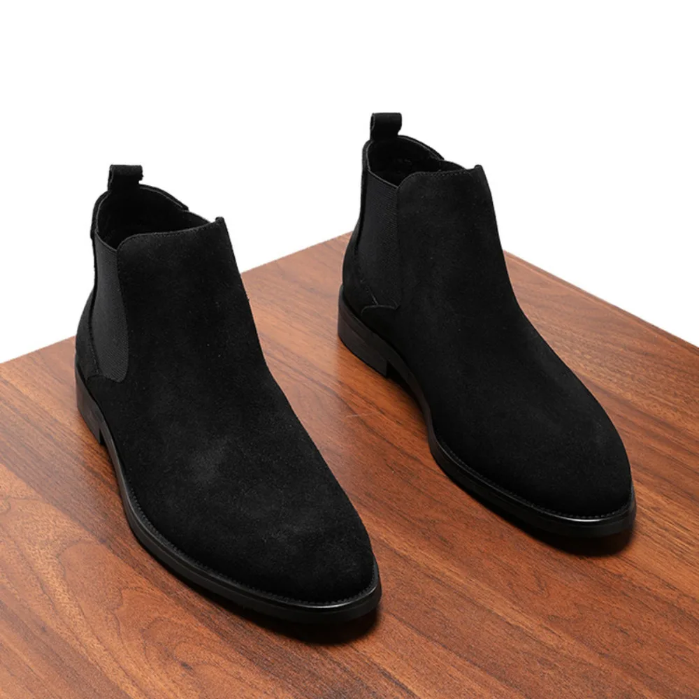 Premium Genuine Leather Boots British Style Suede Fleece Lined Frosted Pointed Toe Ankle Short Boots for Men