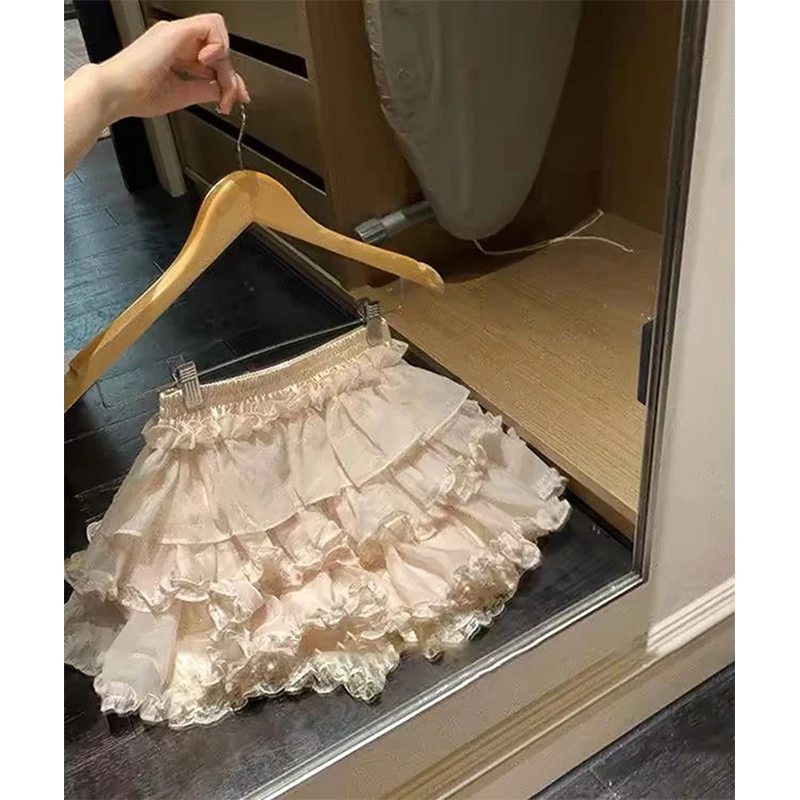 MEXZT Kawaii Mini Skirt Women Japanese Cute Lace Patchwork Ball Gown Skirts Summer Fairy Fashion Ruffles Casual A Line Faldas