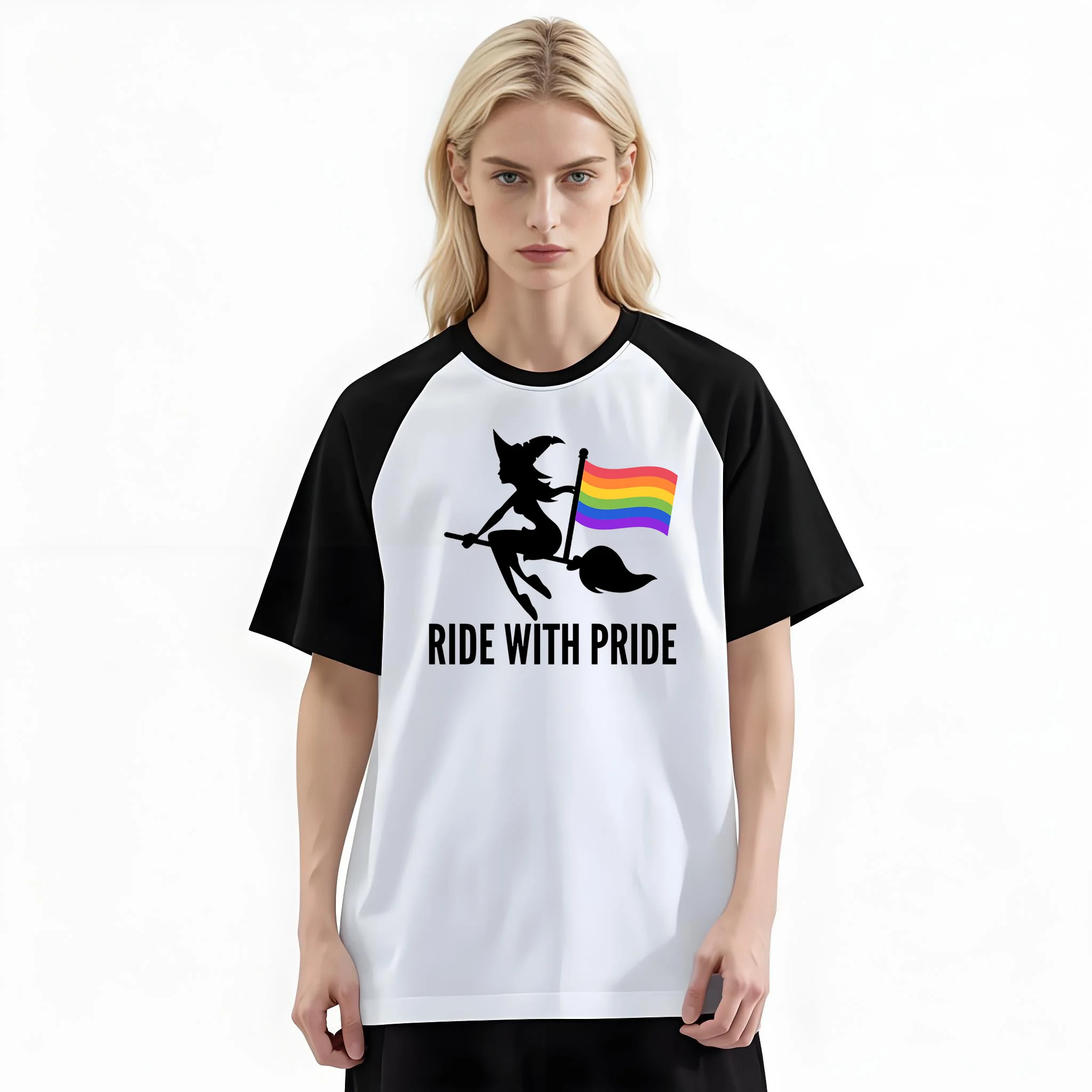 Women'S Fashion Raglan Sleeve T-Shirt, Witch On Broom Hold Rainbow Flag Ride With Pride Printed, Summer Casual Comfortable Tee, Women'S Everyday Short-Sleeve Top