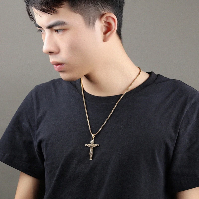 Fashion Crucifix Jesus Christ Men Jewelry Gold Brown Silver Color Metal Cross Pendant With Neck Chain Necklaces For Man Women