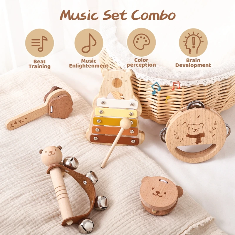 5pc conjunto montessori brinquedos de música do bebê instrumento musical brinquedos educativos de madeira do bebê 0 3 anos brinquedos urso xilofone brinquedos presentes