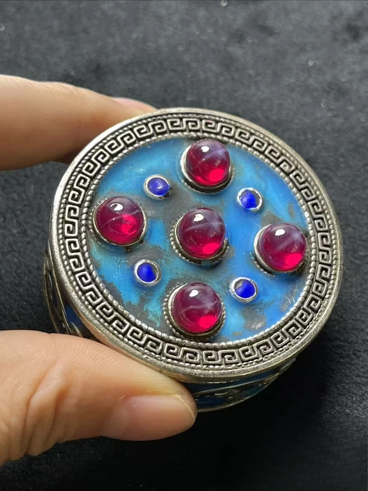 Antique Collection Cloisonne Handmade Old Silver Inlaid Red Star Gem treasure box