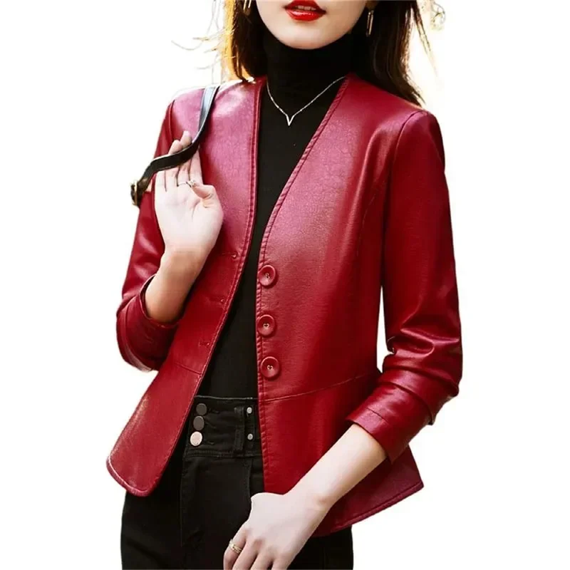 Chaqueta de cuero PULeather Pop para mujer, chaqueta de cuero corta con cuello en V, diseño de gama alta, temperamento ceñido en la cintura, primavera y otoño, 2025