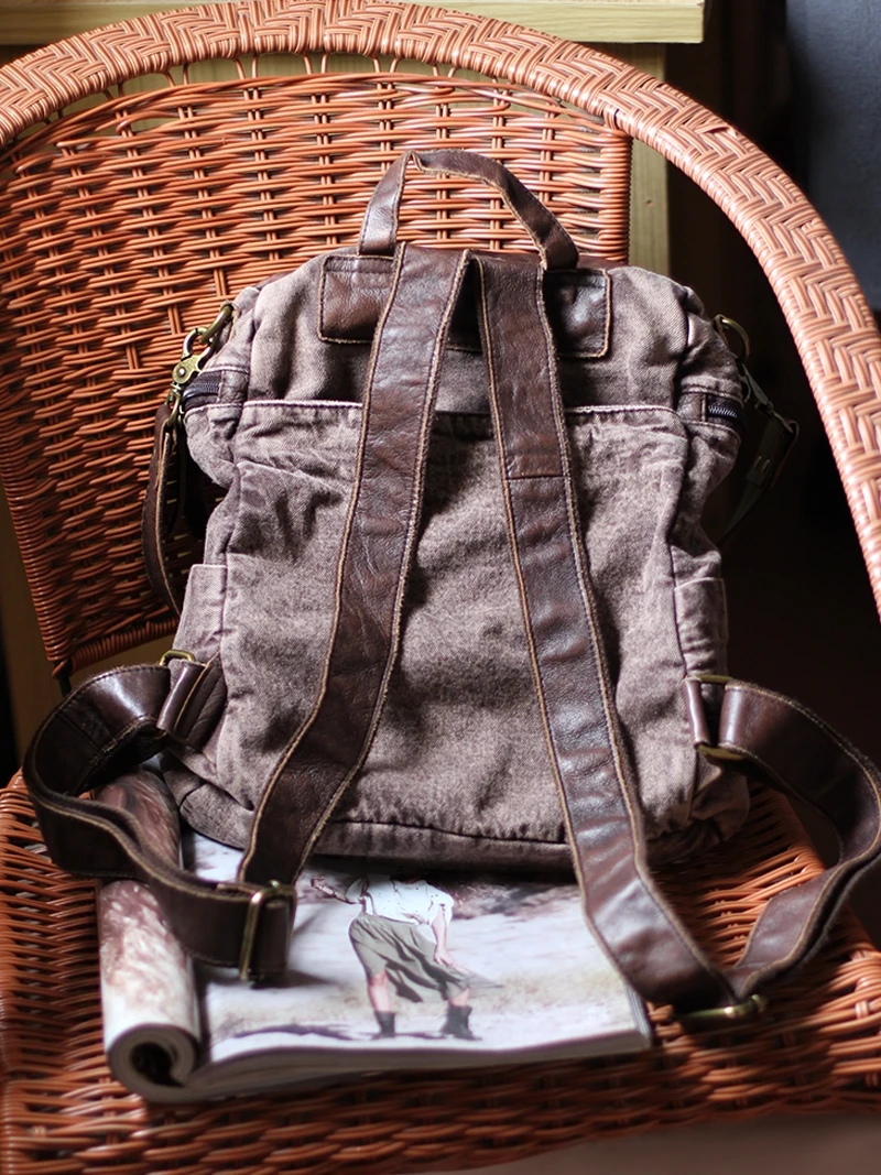 Vintage designer handmade genuine leather denim women's backpack casual outdoor travel first layer cowhide female bagpack
