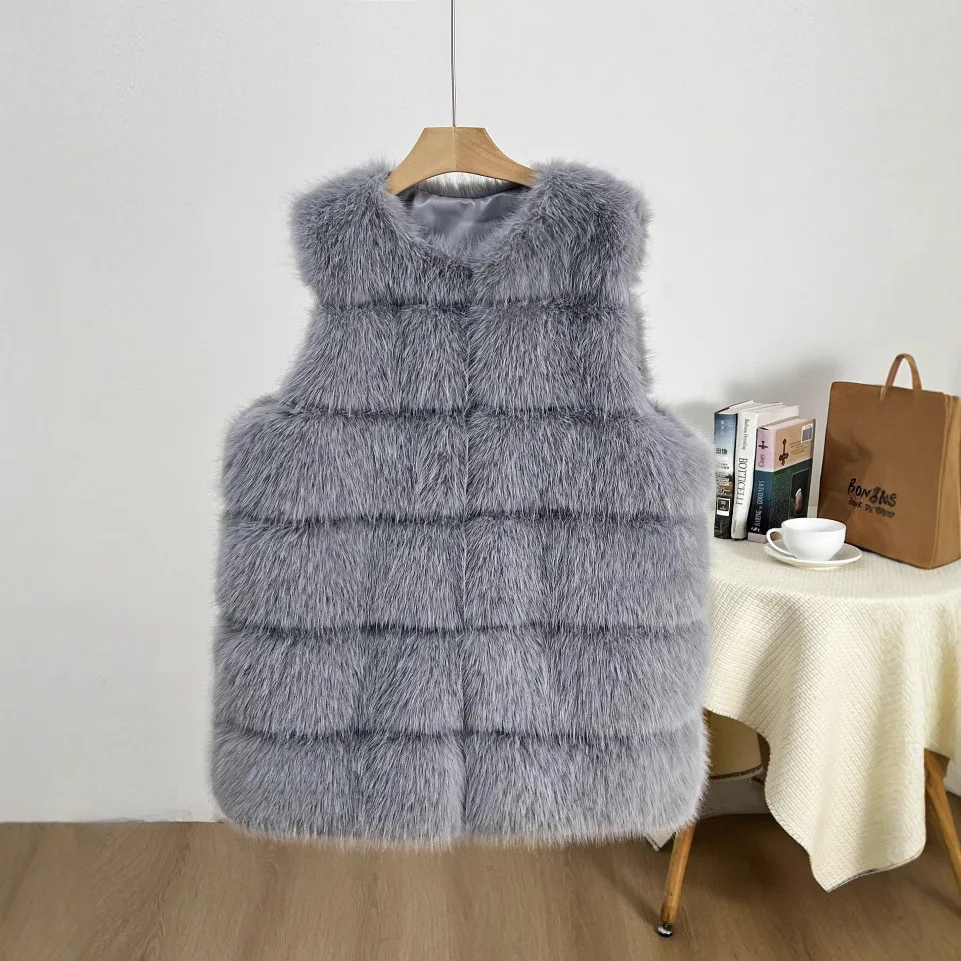 لسيدة تنوعا الإناث صديقة للبيئة الفراء سترة الحد الأدنى الشتاء النساء فو الثعلب الفراء سترة منقوشة أكمام الجولة الرقبة فرو المنك أبلى