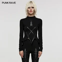 PUNK RAVE Women's Gothic Daily Gradient Moon Print T-shirt Dark Punk Style Irregular Hem Black Tops Women Clothing