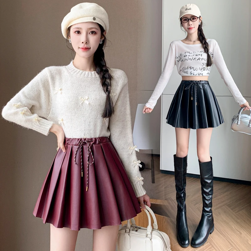 

American Retro Y2K PU Leather Short Skirts for Women Autumn Winter Solid Elastic High Waist Lace-up Pleated Mini Skorts Faldas