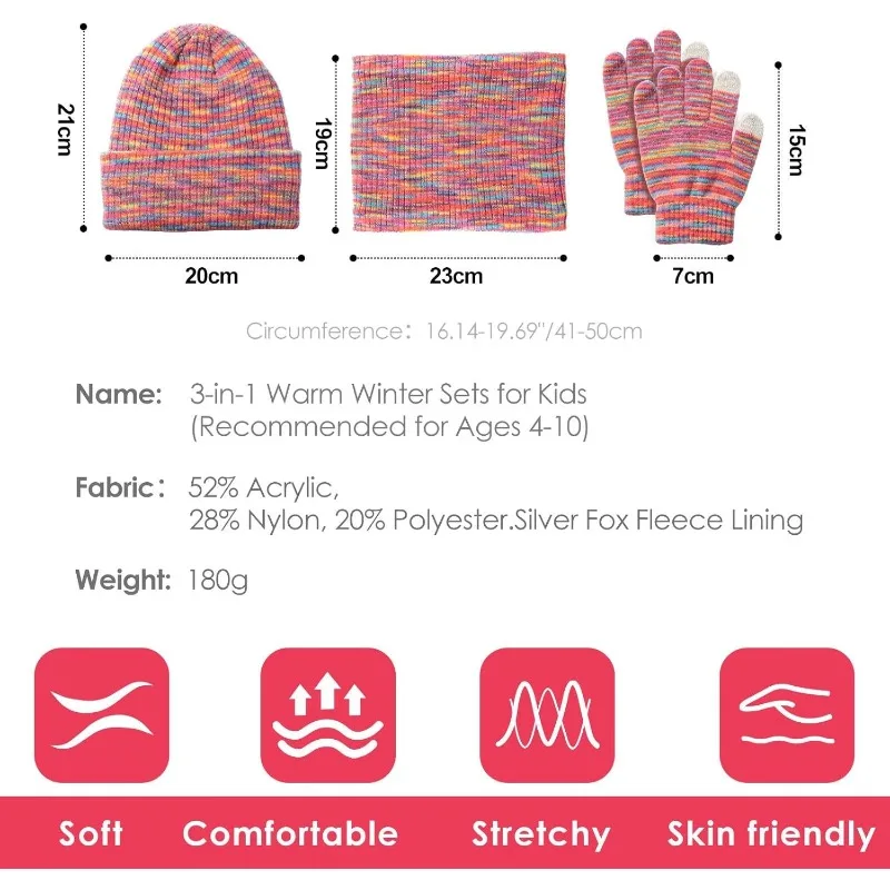 مجموعة وشاح قفازات قبعة شتوية للأطفال: قفازات صغيرة مبطنة بالصوف الدافئ ودفء للرقبة للأولاد والبنات من سن 4 إلى 10 سنوات