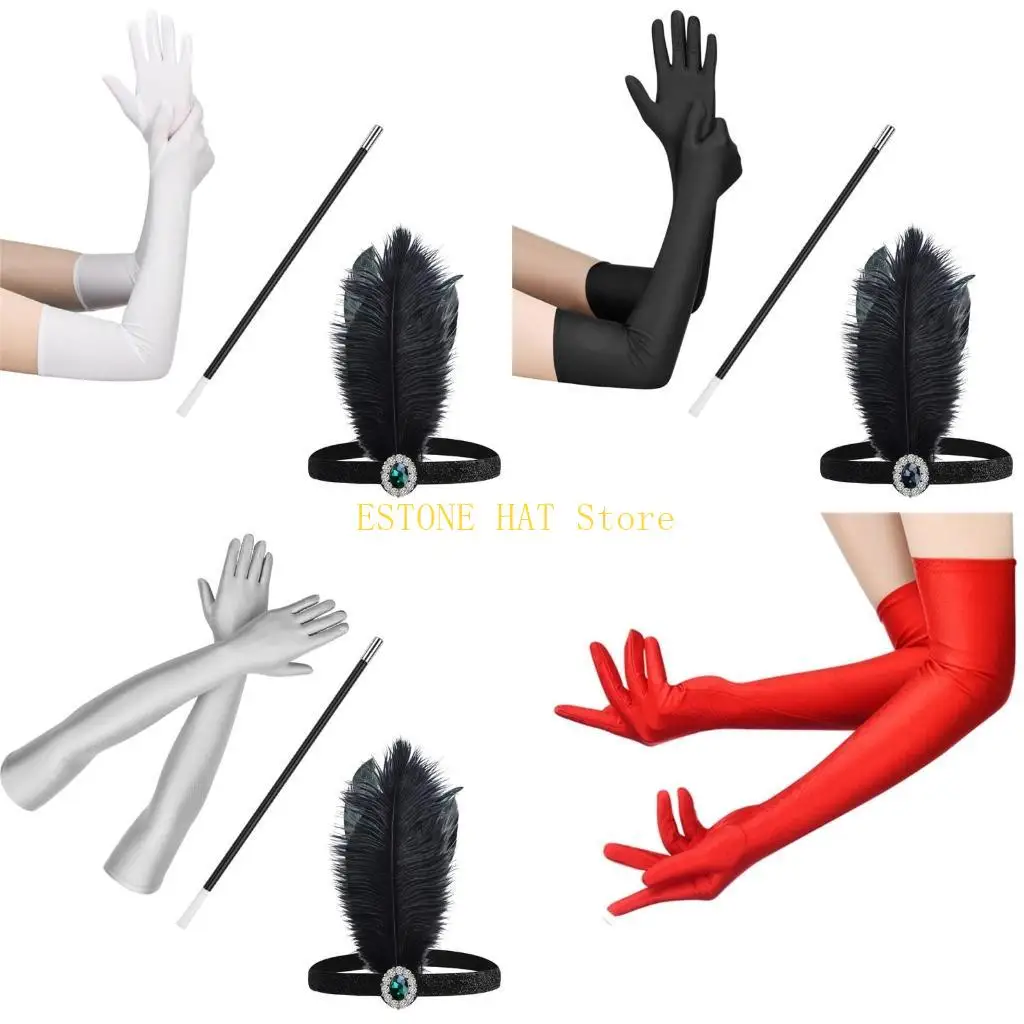 

49MF 1920s Vintage Flapper Female Accessories Satins Gloves Cigarettes Holder