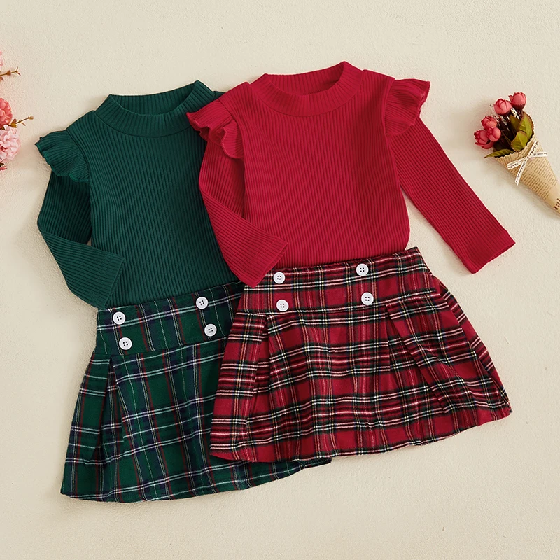 Conjunto de 2 piezas para niñas de 1 a 5 años, camisa acanalada de manga larga con volantes y minifalda a cuadros para niños pequeños, otoño y primavera