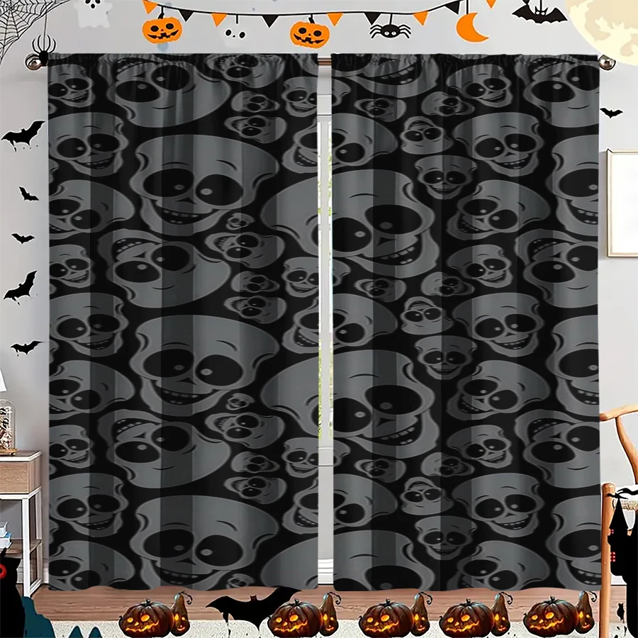2PCS Digital Print Curtain, Grey Tones Dense Skulls Pattern, Halloween Monochrome Gothic Style for Living Room Bedroom Decor