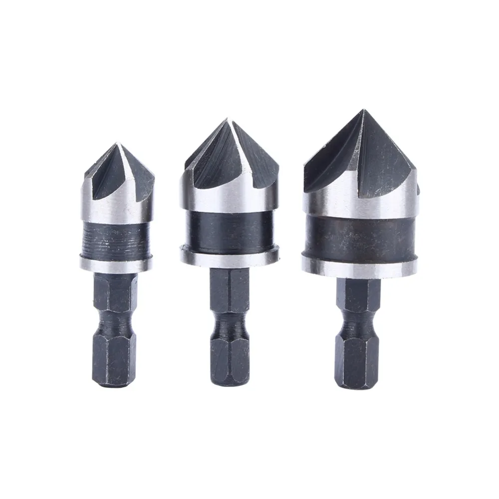 3pcs 1/4 Inch Hex Shank Countersink Bore Set 90 Degree 12mm 16mm 19mm Countersink Drill Bit Set 5 Flute Quick Change Bit