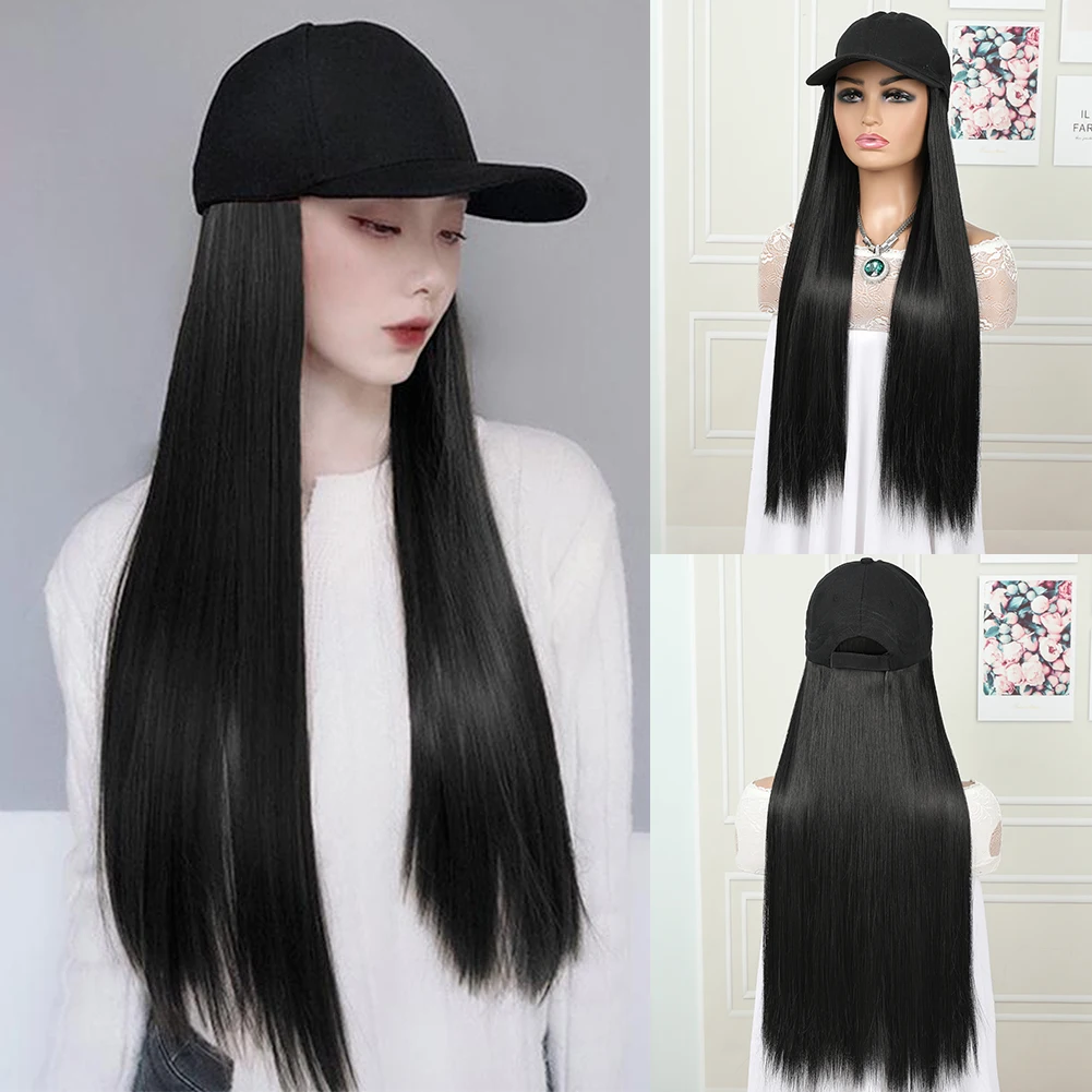 Hoed Pruik Synthetische Lange Rechte Baseball Cap Met Hairextensions 24 Inch Hoogwaardige Vezel Verstelbare Pruik Hoed Voor Dames Meisjes