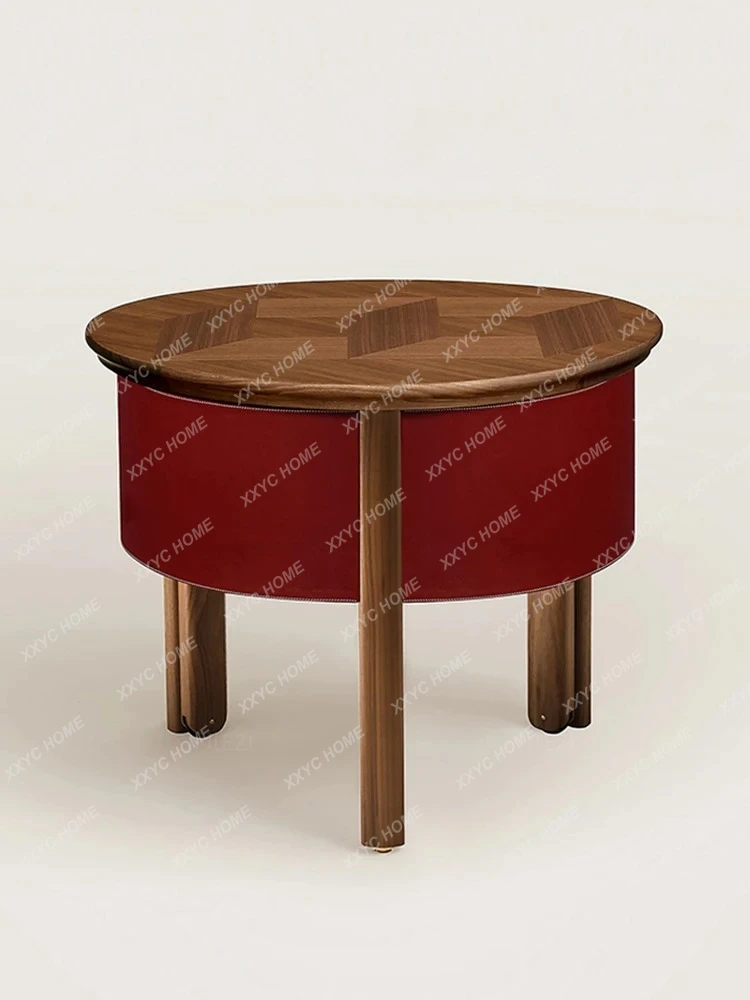 Solid wood edge few black walnut sofa small round tea table modern simple balcony cabinet coffee table movable