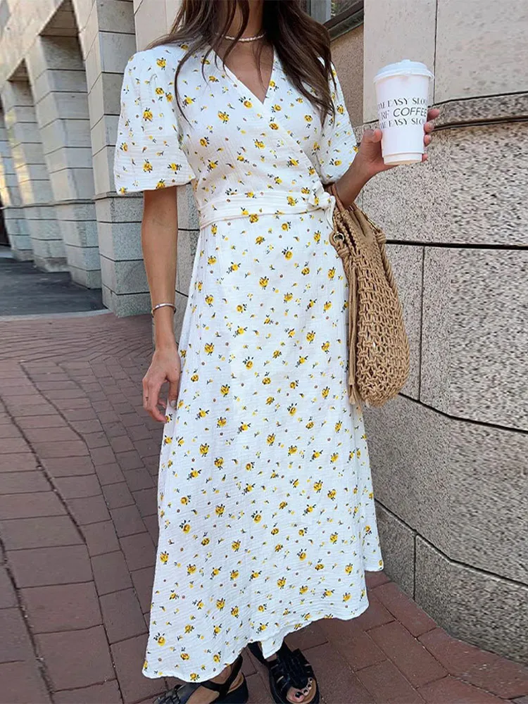 

Elegant Printed V-neck Long Dresses Women Sexy Puffy Sleeve High Slit Party Dress With Belt Female 2025 Summer Street Holiday