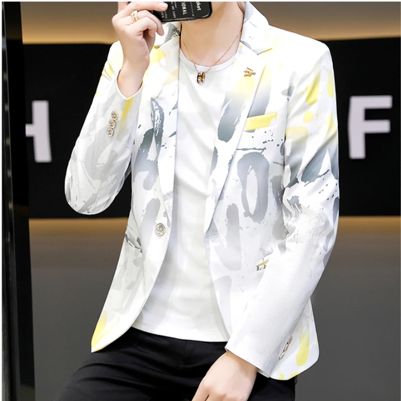 Korean Style Letter Printed Suit Jacket for Men Slim Fit Business Social Men Blazers Casual Hairstylist Party Dress Coats 2024