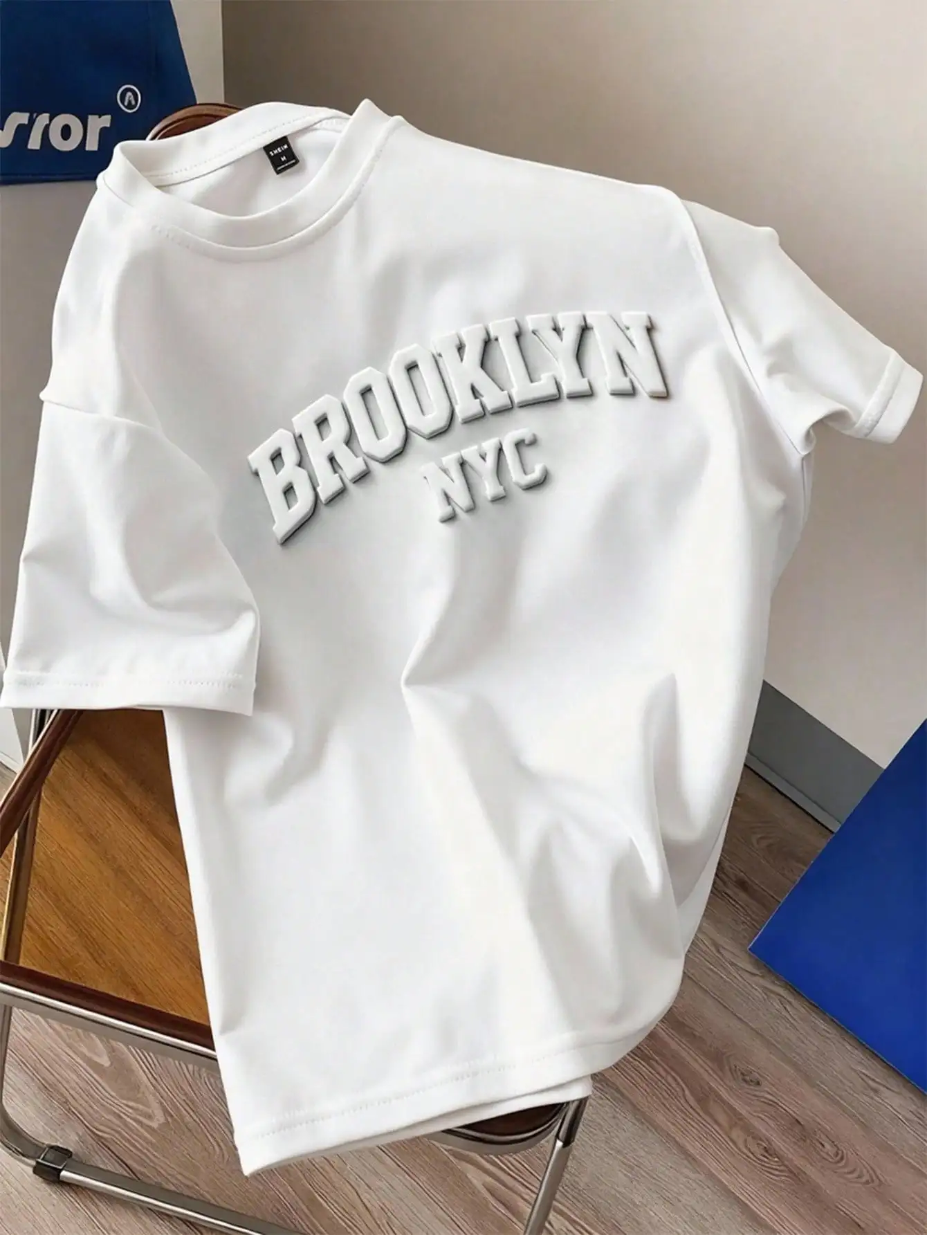 Men's White Casual Embossed Letter T-Shirt, Loose Fit for Daily Wear or Campus Style