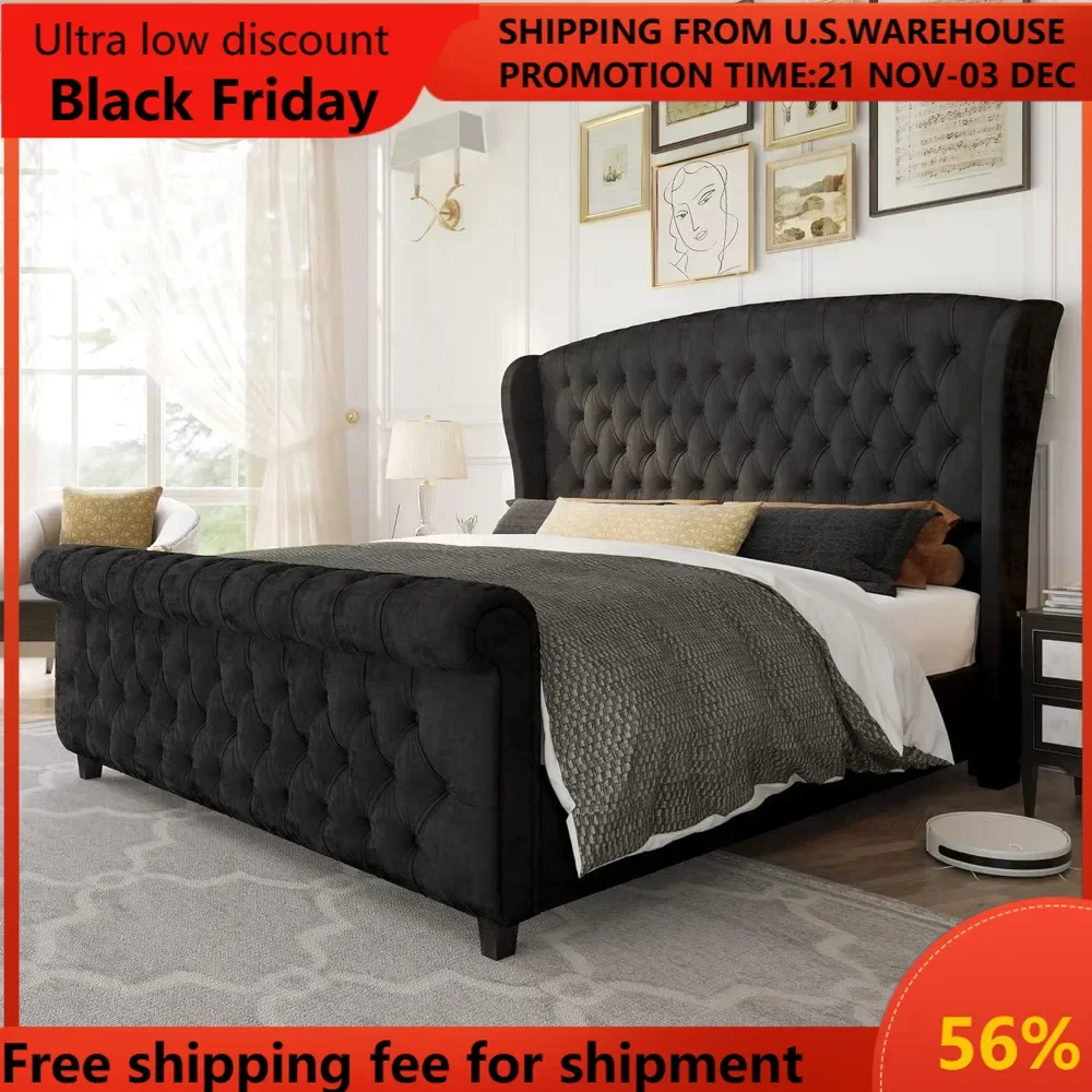 

Queen Size Platform Bed Frame, Velvet Upholstered Sleigh Bed with Scroll Wingback Headboard Footboard/Button Tufted/No