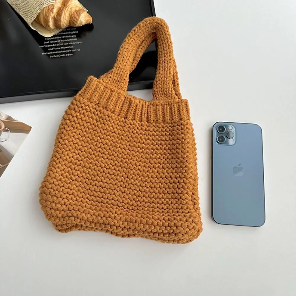 Solid Color Hand-woven Bag New Knit High-capacity Wool Knitting Shoulder Bags Tote Bag Mid-autumn Festival