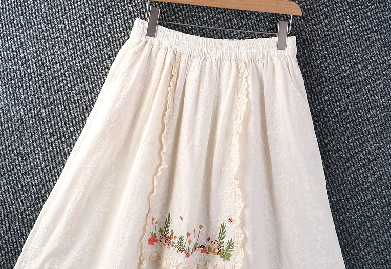 Spring Summer Sweet Mori Girl Lace Floral Embroidered Skirt Women Elastic Waist Casual Loose Pockets Midi Skirts