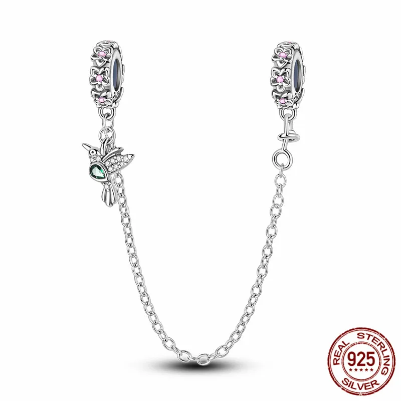 

925 Sterling Silver Flower Safety Chain Charm, perfect for pairing with original bracelets, ideal for women's DIY jewelry.
