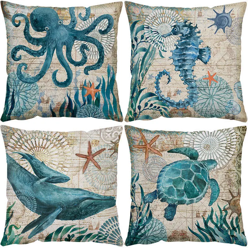 Cartoon marine creatures throw pillow covers with digital printing of short plush fabric Car-shaped sofa cushion Home decor