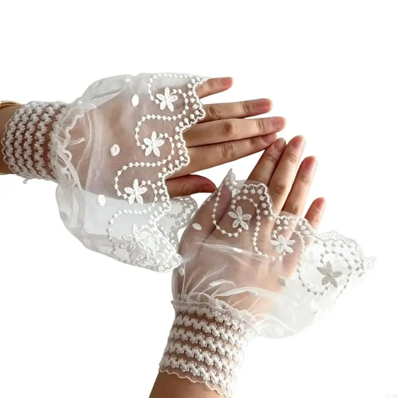Fingerless Lace Wrist Cuffs Sleeves for Women, Sheer Embroidered Mesh Pair with Adjustable Wrist Opening for Portrait Use 6XDA
