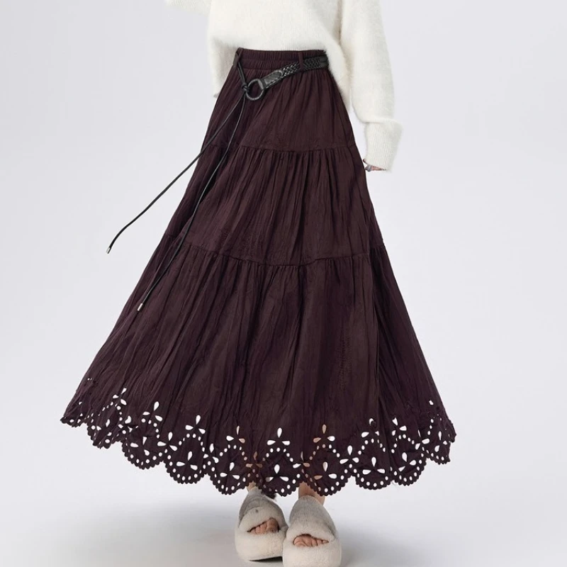 

Seoulish Autumn Winter Velvet Hollow Out Patchwork Women's Umbrella Long Cake Skirts 2025 New Korean Pleated A-line Skirt Female