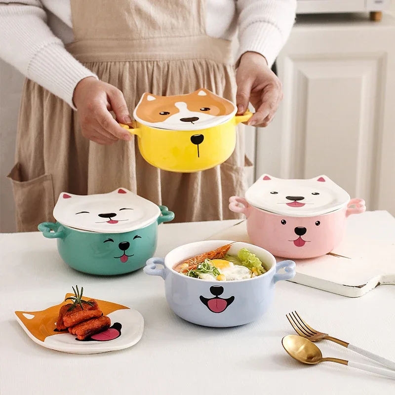 Cartoon Shiba Indy Corgi Ceramic Bowl Cute Animals Round Bowl Instant Noodles Bowl with Lid Household Tableware Kitchen Supplies