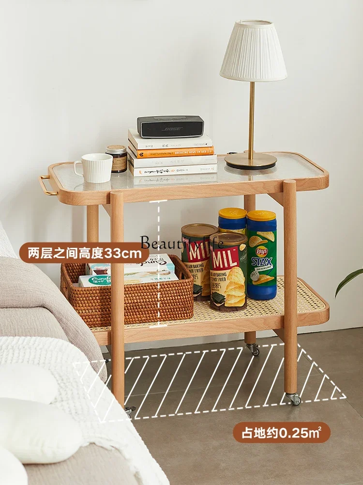 

yj5Side Table Solid Wood Sofa Side Cabinet Removable Coffee Table Japanese Glass Trolley Rattan Storage Rack