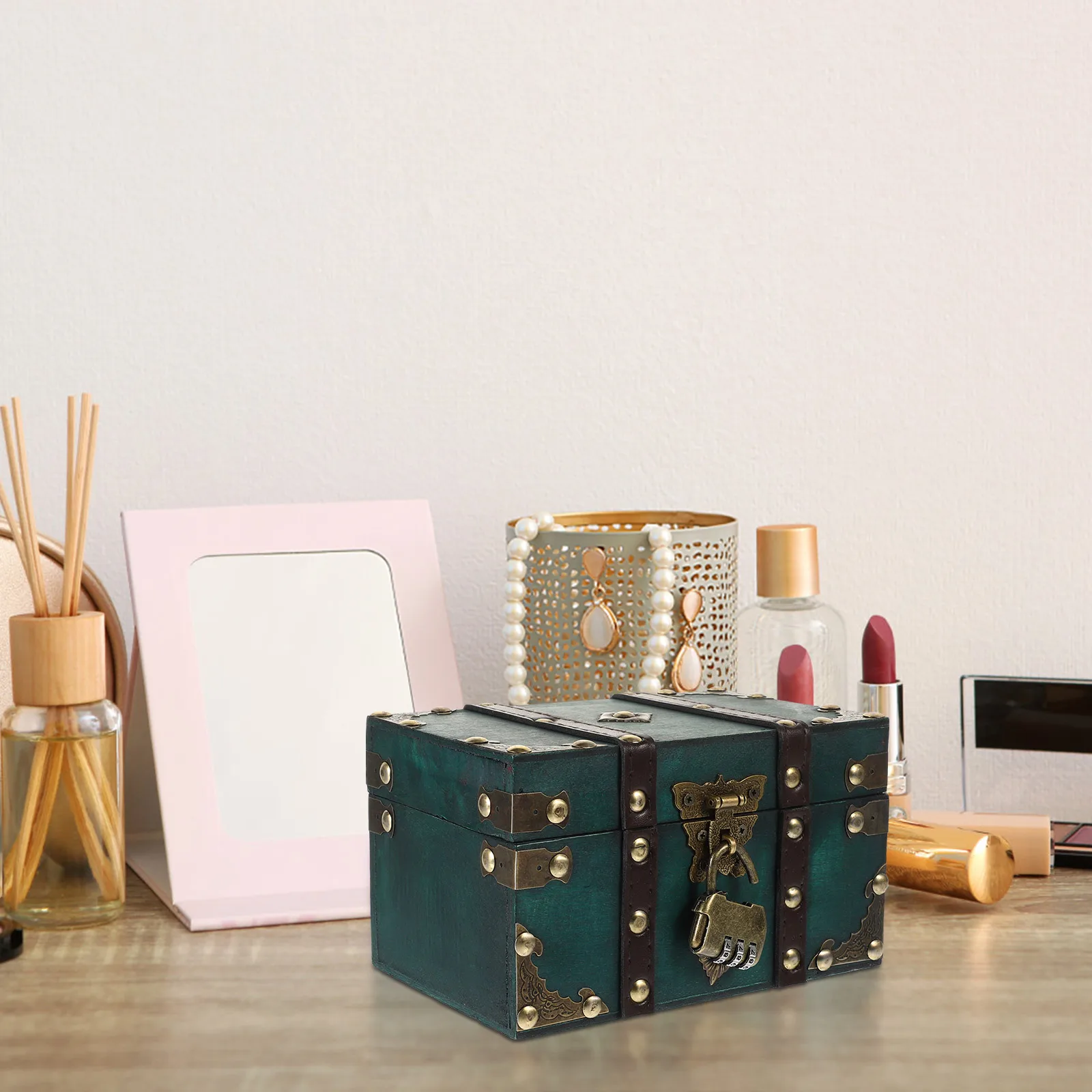 

Wooden Small Emerald Green Pirate Treasure Chest for Jewelry Wood Treasure Box Documents Books Home Storage