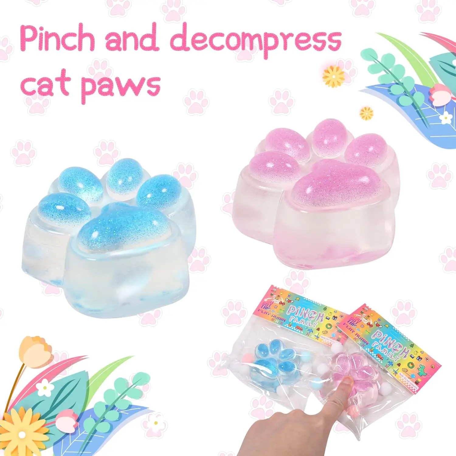 Squishy Cat Paw Squeeze Toys Ice Through Sparkling Powder Kawaii Stress Anxiety Relief Soft Sensory Toys for Adults Kids Teens